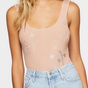 Star and moon embroidered knit bodysuit - L - pale pink and silver size Large